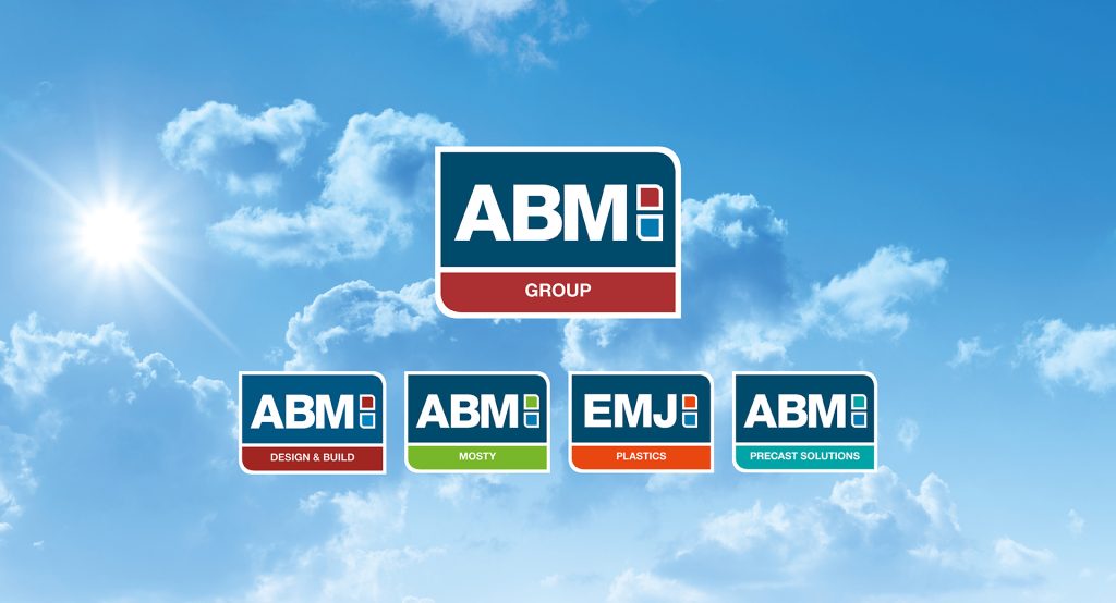 ABM Group logo family: ABM Design & Build, ABM Mosty, EMJ Plastics and ABM Precast Solutions