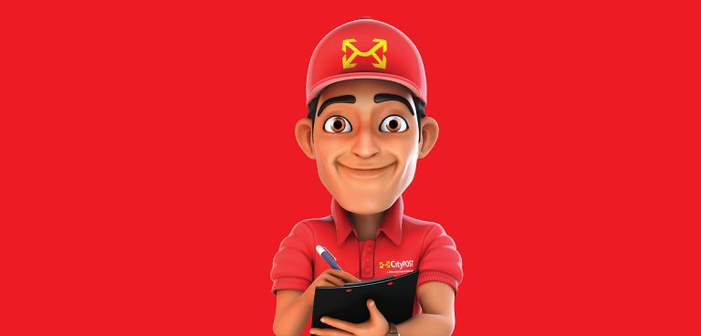 CityPOST postman mascot with a clipboard