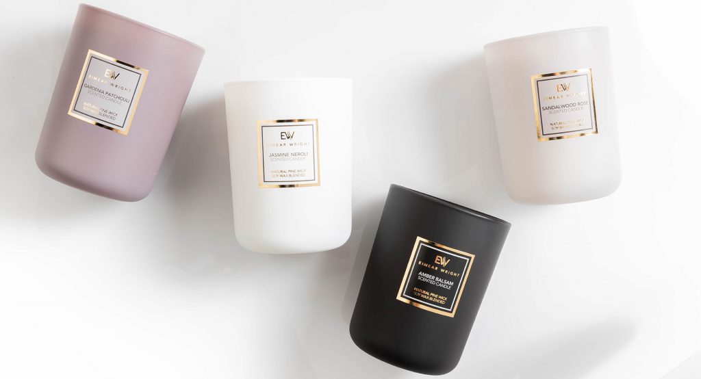 Eimear Wright scented candles in lilac, white and black