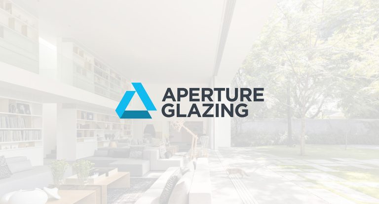 Aperture Glazing logo, a blue triangular A forming an aperture, with the Aperture Glazing wordmark