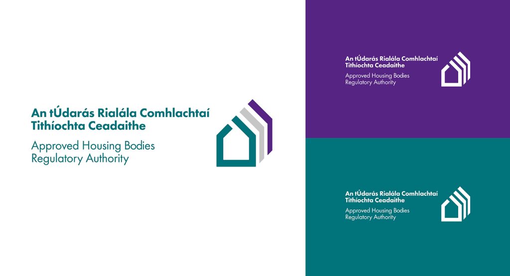 AHBRA bilingual logo, Irish and English, in teal and purple