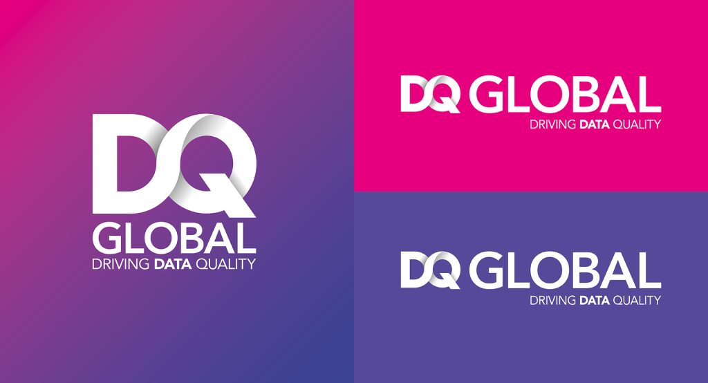 DQ Global logo variations in white on magenta and purple