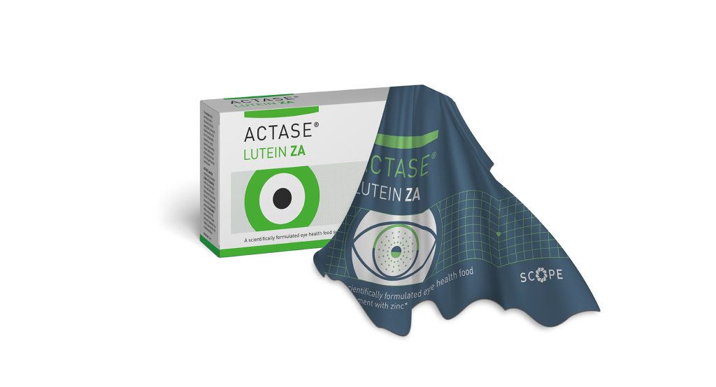 Actase Lutein ZA pack with its microfibre lens cloth, for Scope Eyecare