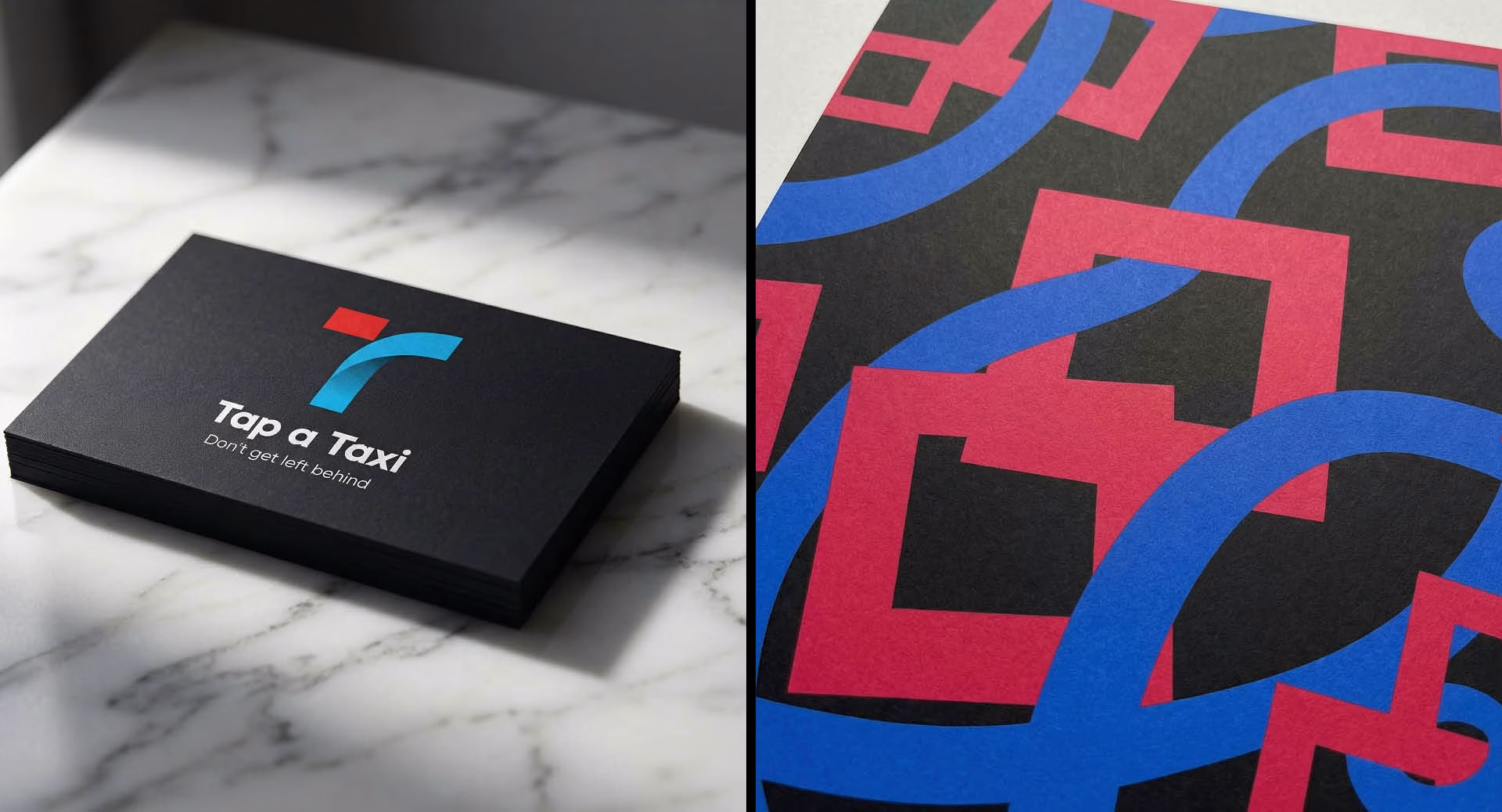 Tap a Taxi business cards on marble beside a close-up of the red and blue logo pattern