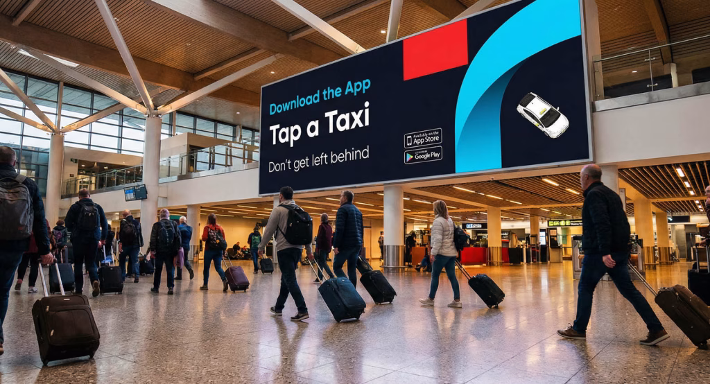 Tap a Taxi billboard in an airport arrivals hall