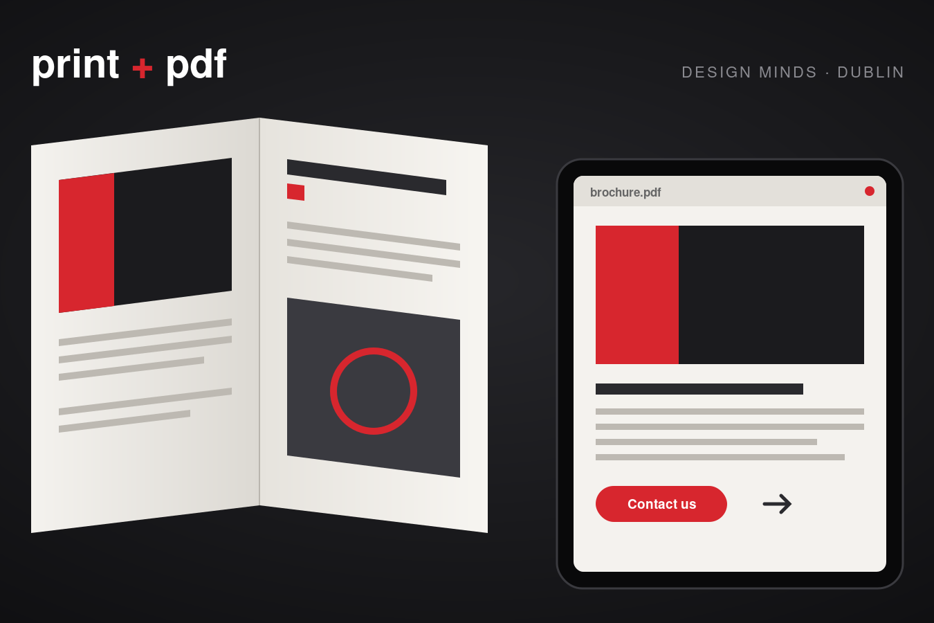 Printed brochure beside a tablet showing the same brochure as a PDF – brochure design Ireland by Design Minds