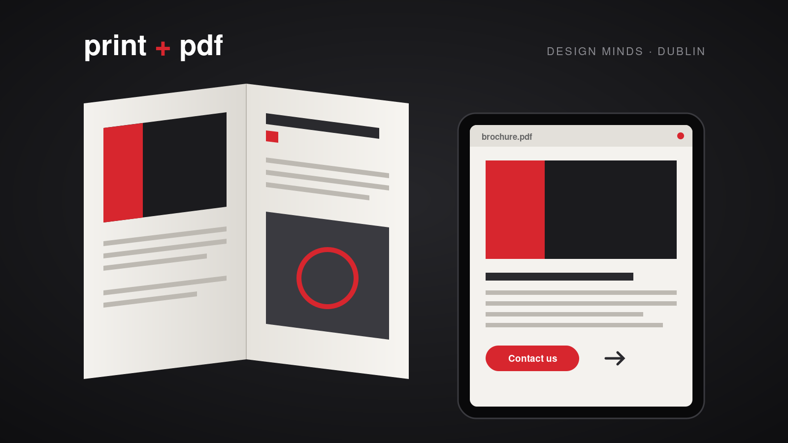 Printed brochure beside a tablet showing the same brochure as a PDF – brochure design Ireland by Design Minds