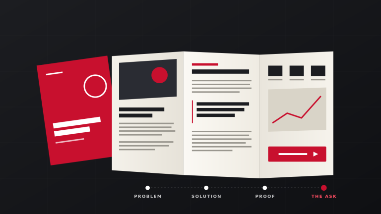 Open tri-fold brochure mockup showing a problem, solution, proof and call-to-action structure – brochure design Ireland by Design Minds