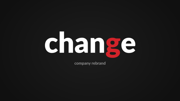 The word change in white with a red letter g on a dark background – company rebrand, Design Minds Dublin