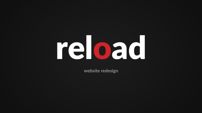 The word reload in white with a red letter o on a dark background – website redesign, Design Minds Dublin