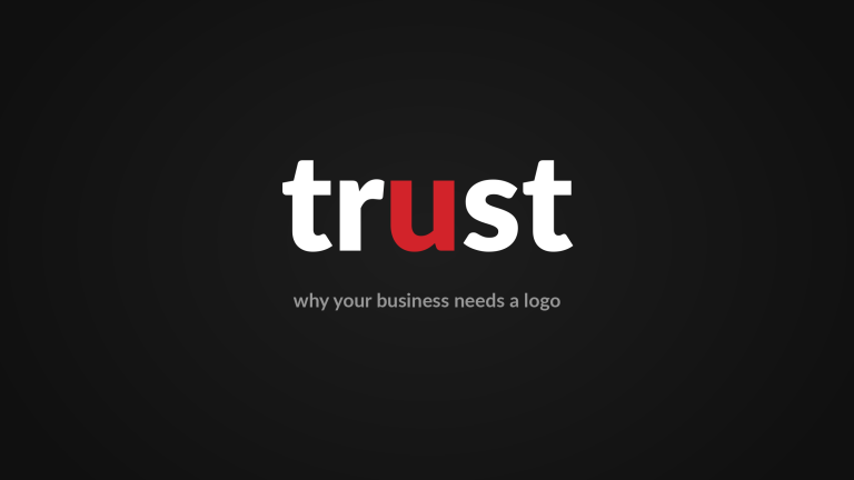 The word trust in white with a red letter u on a dark background – why your business needs a logo, Design Minds Dublin