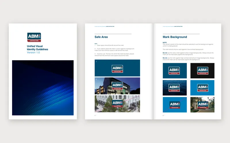 ABM Contractors brand guidelines, cover and the safe area and mark background spread