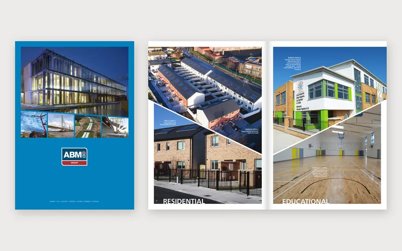 ABM Contractors company brochure, cover and an inside spread of residential and educational projects