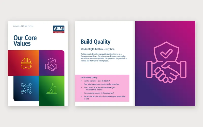 ABM Contractors Our Core Values booklet, cover and the Build Quality spread