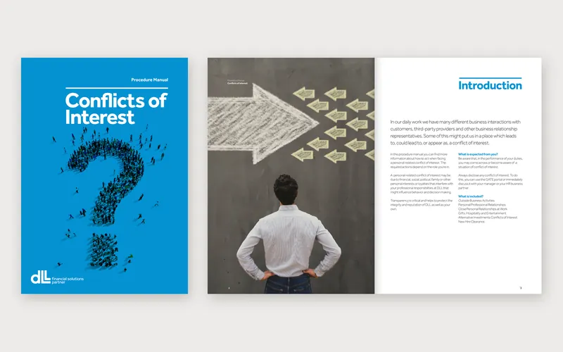 DLL Conflicts of Interest procedure manual, cover and an inside spread