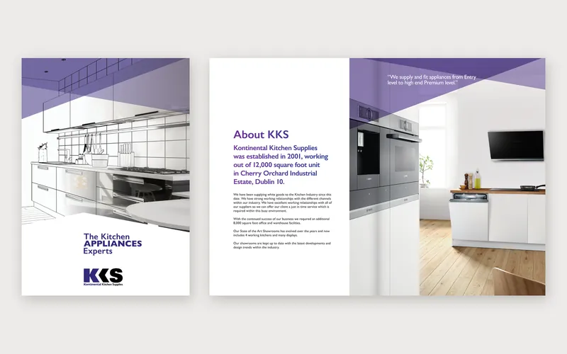 KKS kitchen appliances brochure, cover and the About KKS spread