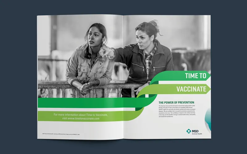 MSD Animal Health Time to Vaccinate brochure, opening spread with two farmers in a cattle shed