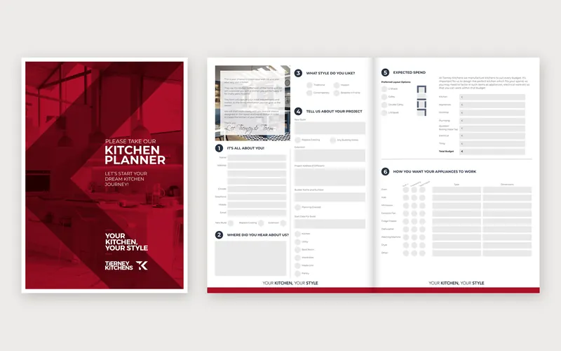 Tierney Kitchens kitchen planner, cover and the first form spread