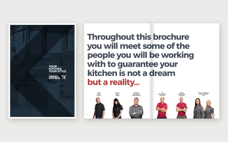 Tierney Kitchens brochure, cover and an inside spread introducing the team