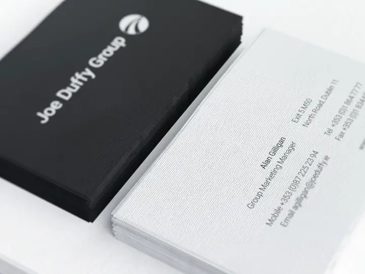 Joe Duffy Group business cards in black and white