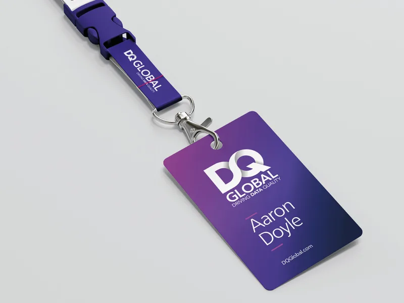 DQ Global identity on a staff ID card and lanyard