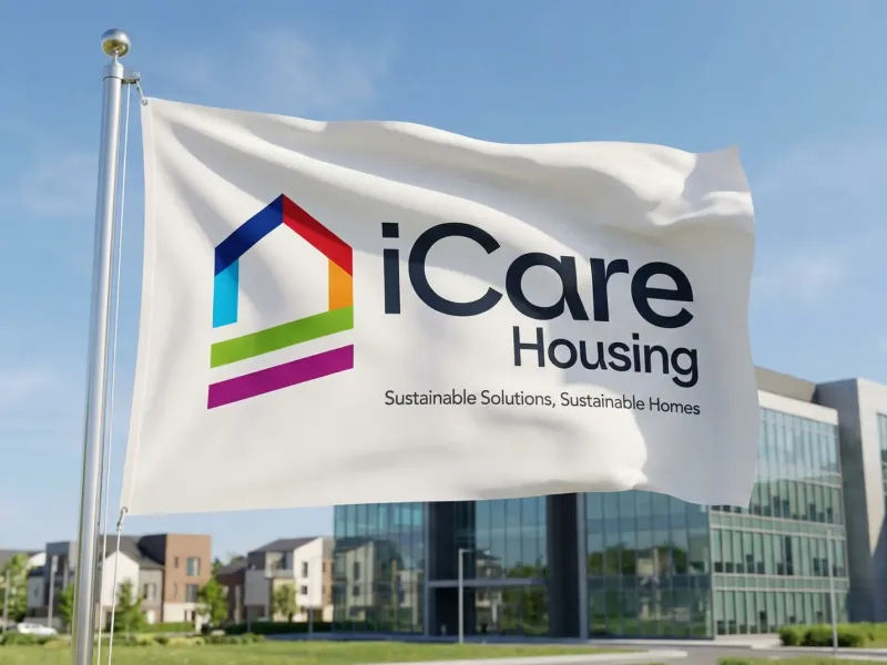 iCare Housing identity on a flag outside new homes